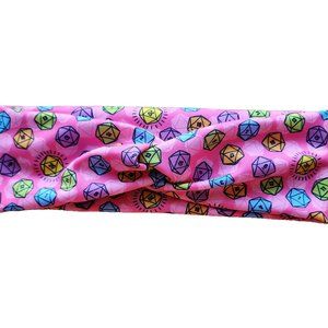 Handmade  pink D20 knotted headband, dragon and dungeon dice twisted turban